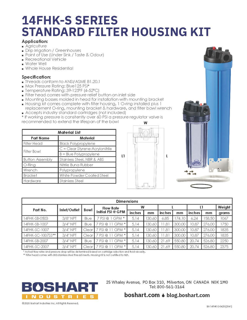 Boshart 10" Clear Filter Housing Kit (W/ Mount & Wrench) 3/4" inlet