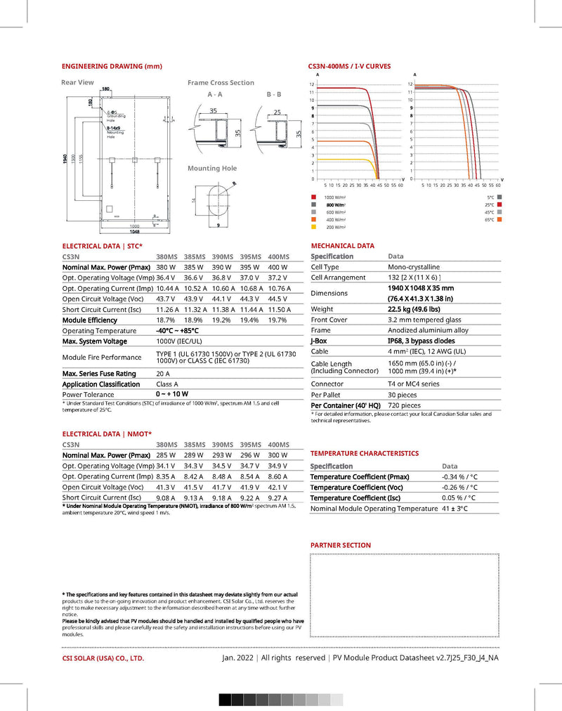 Canadian Solar Mono Perc 390 Watt CS3N-390 Solar Panel UL 61730 / IEC 61701 / IEC 62716