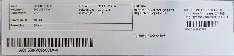 ABB VFD 3 phase ACH550 / ACH580 20HP - 60HP Drive W/Bypass "refurbished"