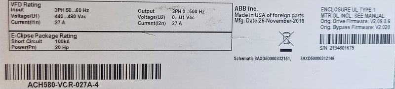 ABB VFD 3 phase ACH550 / ACH580 20HP - 60HP Drive W/Bypass "refurbished"