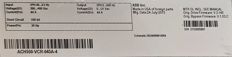 ABB VFD 3 phase ACH550 / ACH580 20HP - 60HP Drive W/Bypass "refurbished"