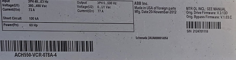 ABB VFD 3 phase ACH550 / ACH580 20HP - 60HP Drive W/Bypass "refurbished"