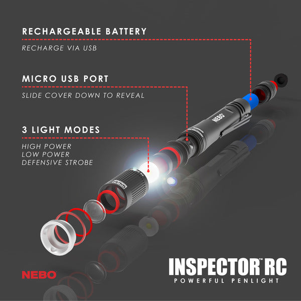 NEBO Inspector RC | IP67 Waterproof | Rechargeable | Flex Power | Pocket Size | 4X Zoom